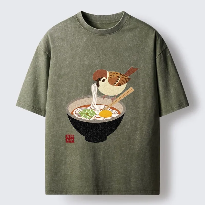 Tokyo‑Tiger Funny Bird Ramen Meme Washed T‑Shirt