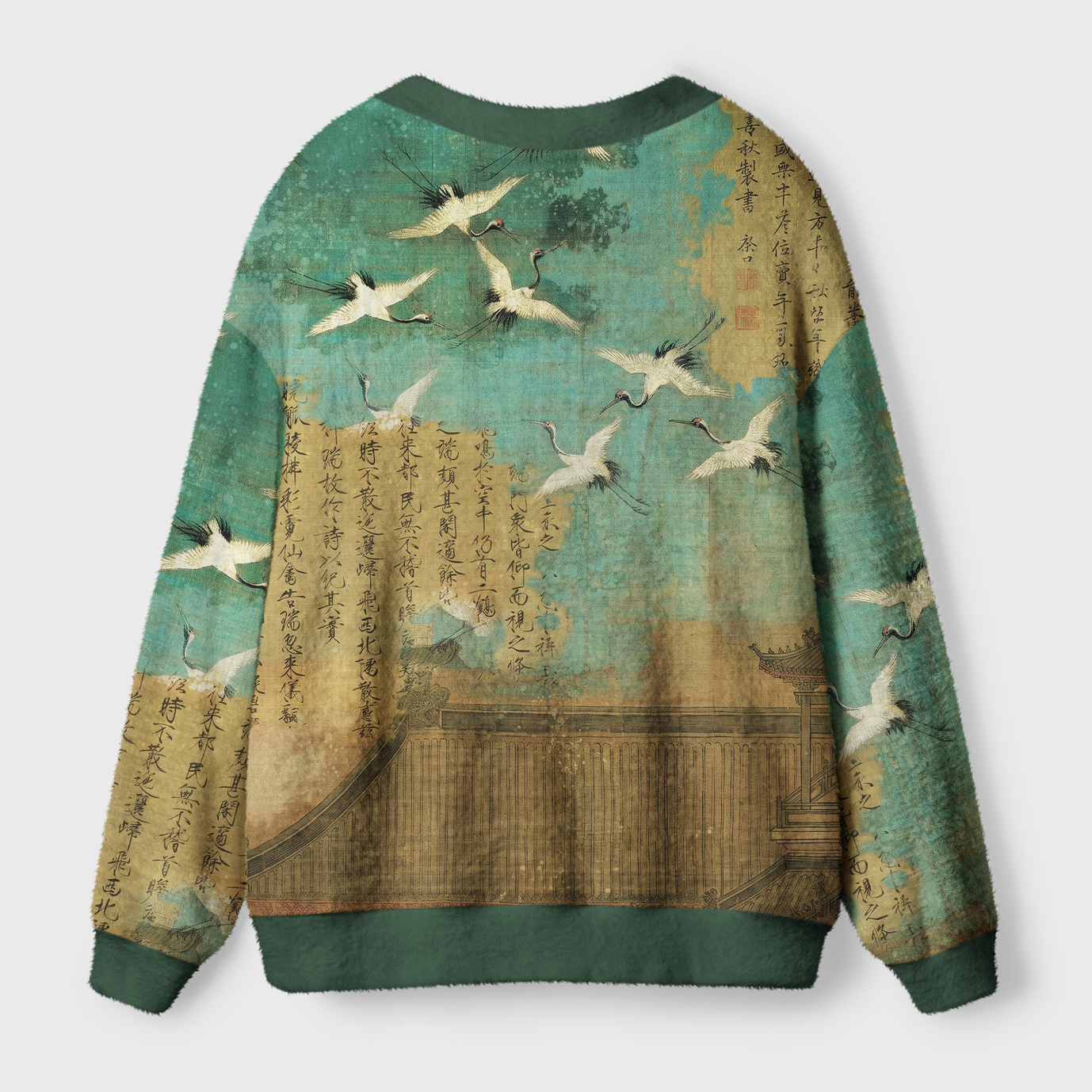 Tokyo-Tiger Vintage Chinese Scroll Crane Art Ugly Cardigan Sweater