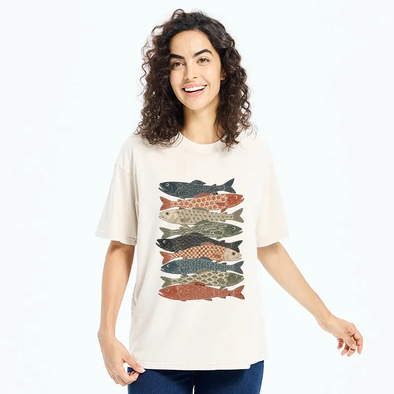 Tokyo-Tiger Patterned Stack Fish Japanese Block Print Washed T-Shirt