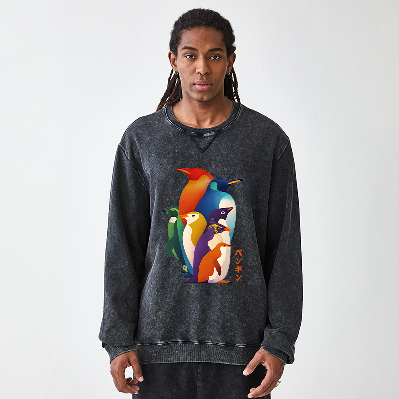 Tokyo-Tiger Cute Multi Tone Penguins Washed Terry Sweatshirt