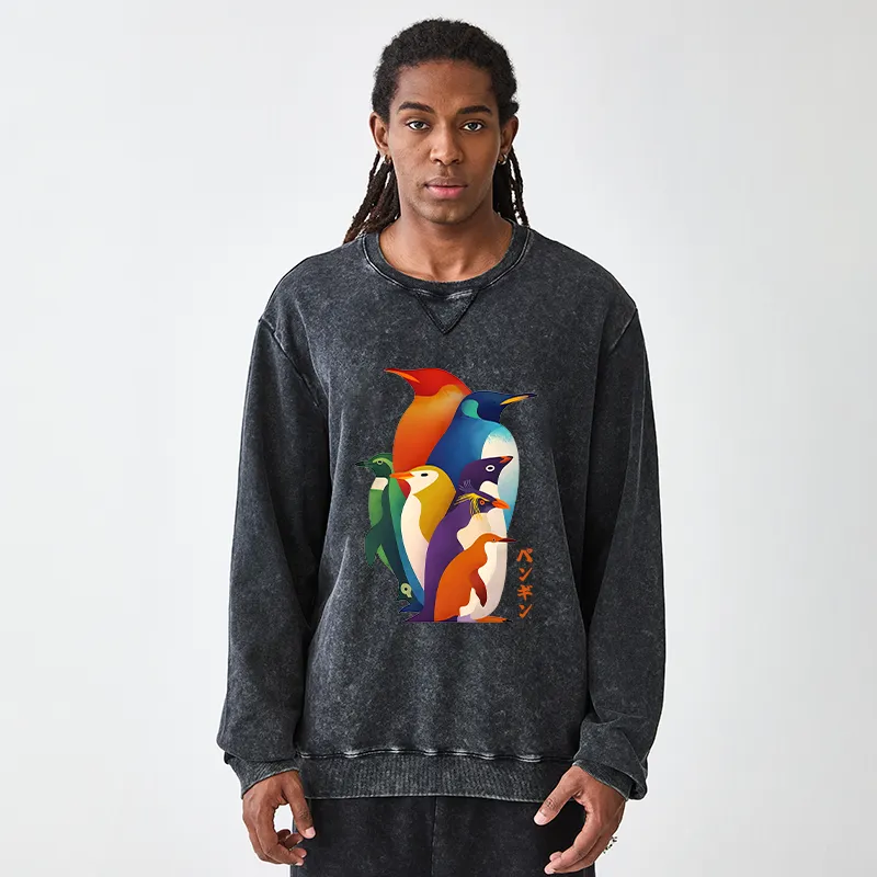 Tokyo-Tiger Cute Multi Tone Penguins Washed Terry Sweatshirt