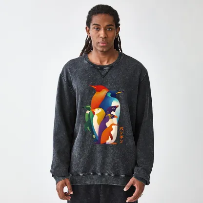 Tokyo-Tiger Cute Multi Tone Penguins Washed Terry Sweatshirt