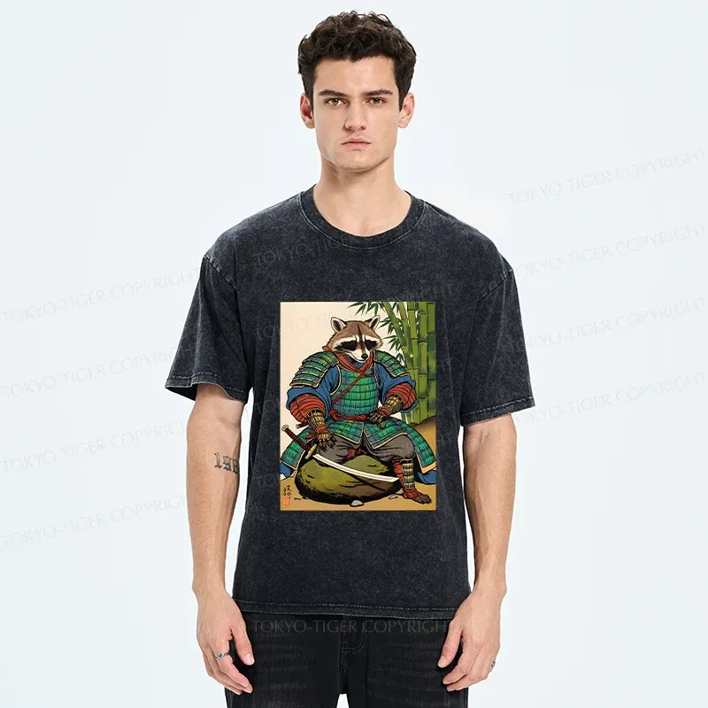 Tokyo-Tiger Raccoon Samurai Washed T-Shirt