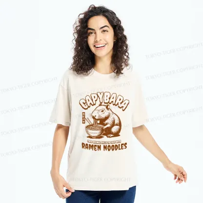 Tokyo-Tiger Retro Capybara Eating Ramen Washed T-Shirt