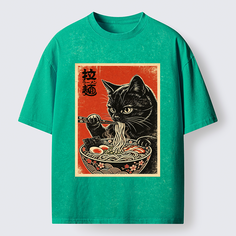 Tokyo-Tiger Japanese Ramen Cat Art Washed T-Shirt