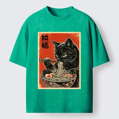 Tokyo-Tiger Japanese Ramen Cat Art Washed T-Shirt