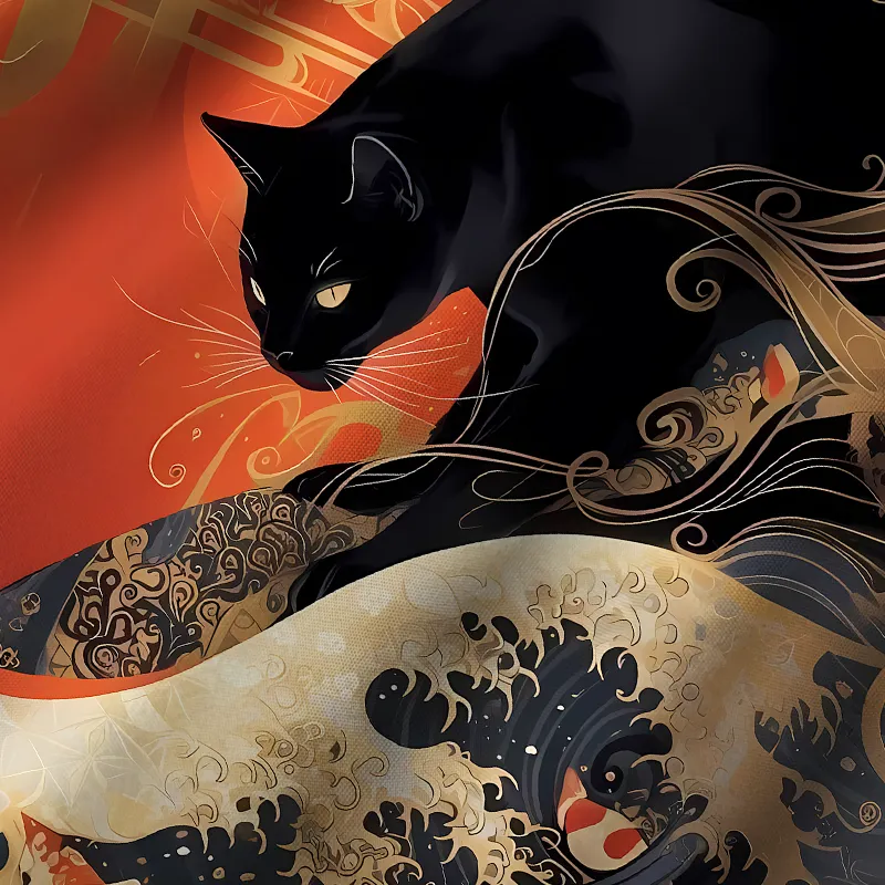 Tokyo-Tiger Koi Wave Under The Black Cat Cuban Collar Shirt