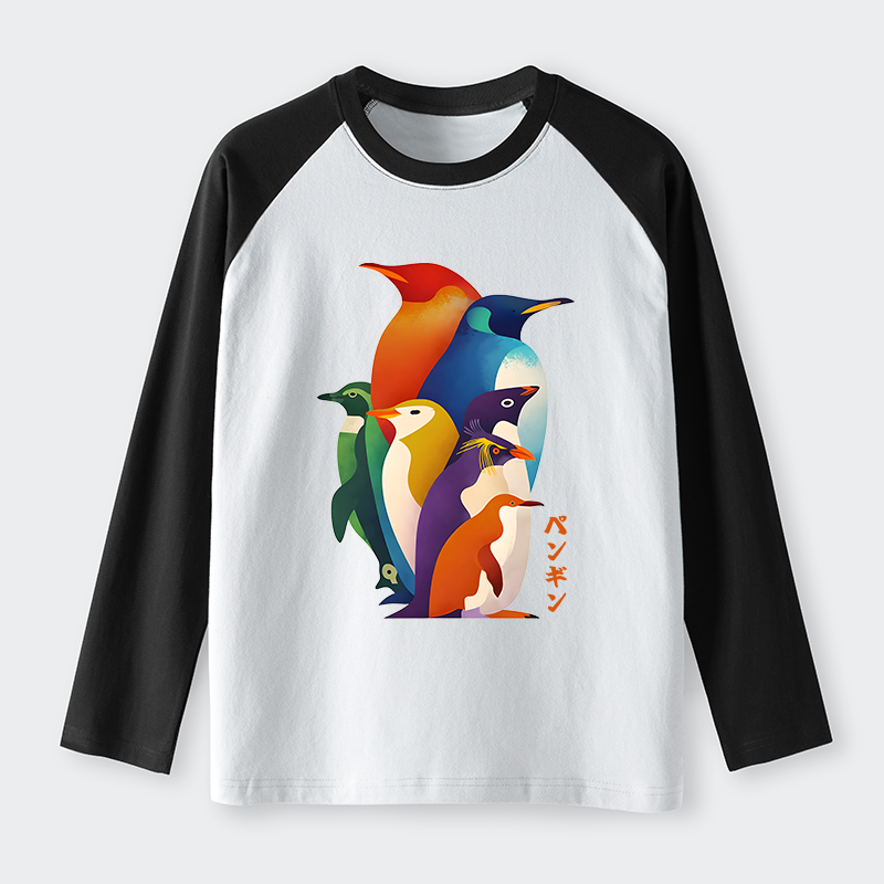 Tokyo-Tiger Cute Multi Tone Penguins Raglan Long Sleeve T-shirt