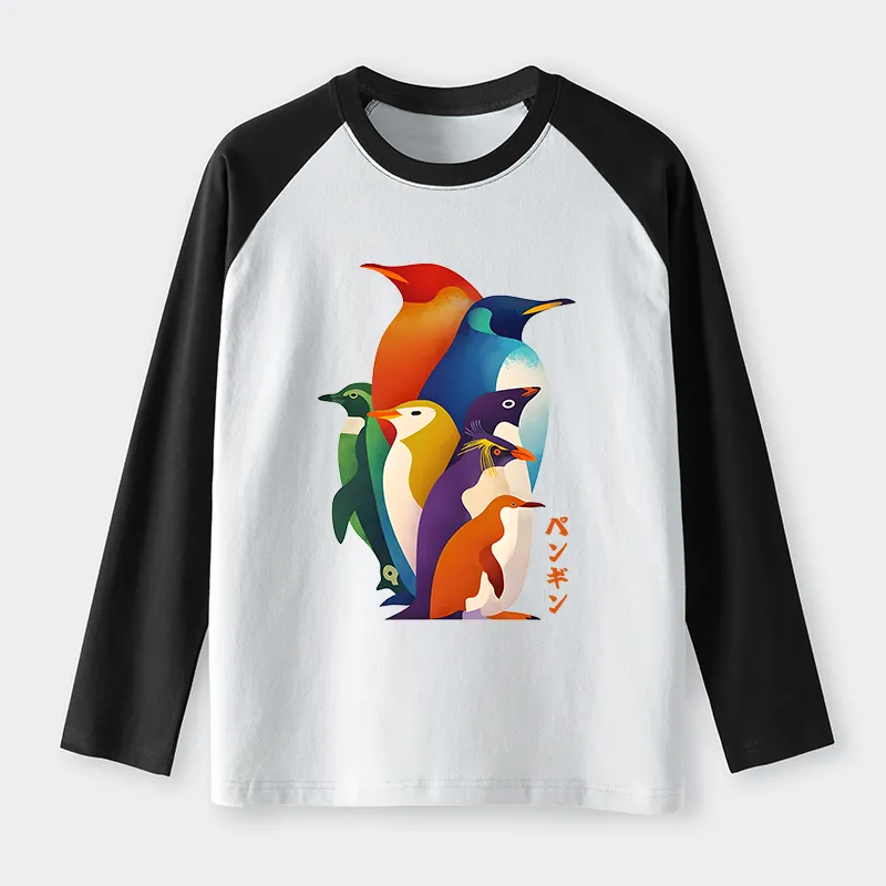 Tokyo-Tiger Cute Multi Tone Penguins Raglan Long Sleeve T-shirt