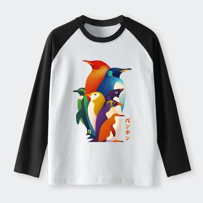 Tokyo-Tiger Cute Multi Tone Penguins Raglan Long Sleeve T-shirt