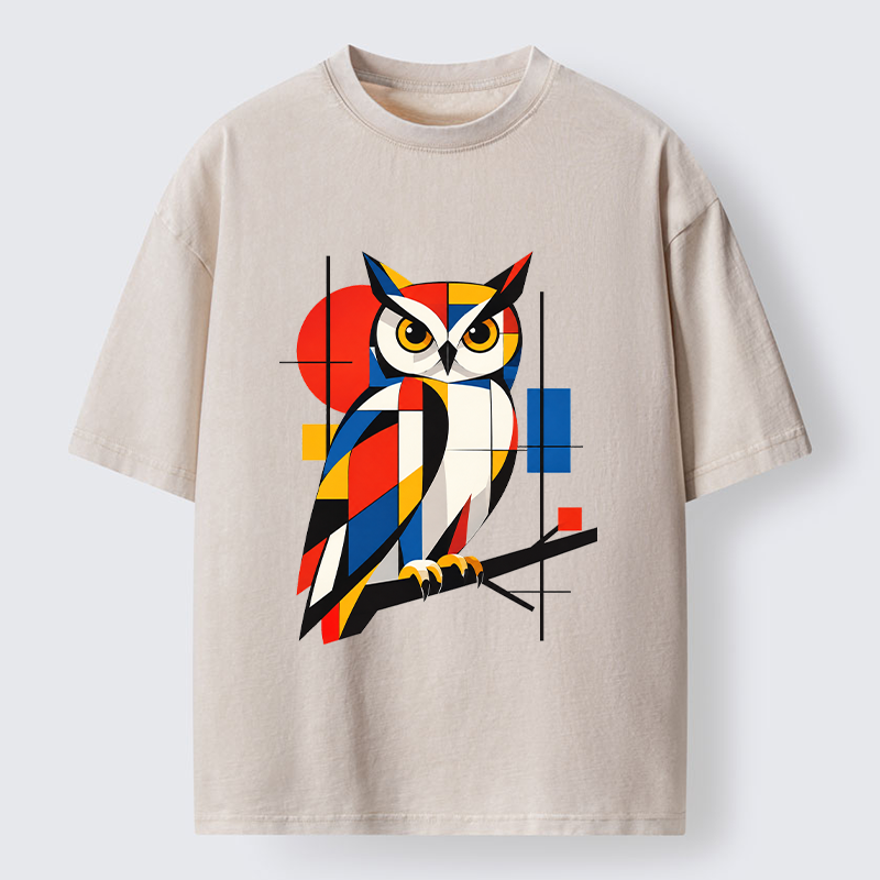 Tokyo-Tiger Geometric Owl Art Meme Washed T-Shirt