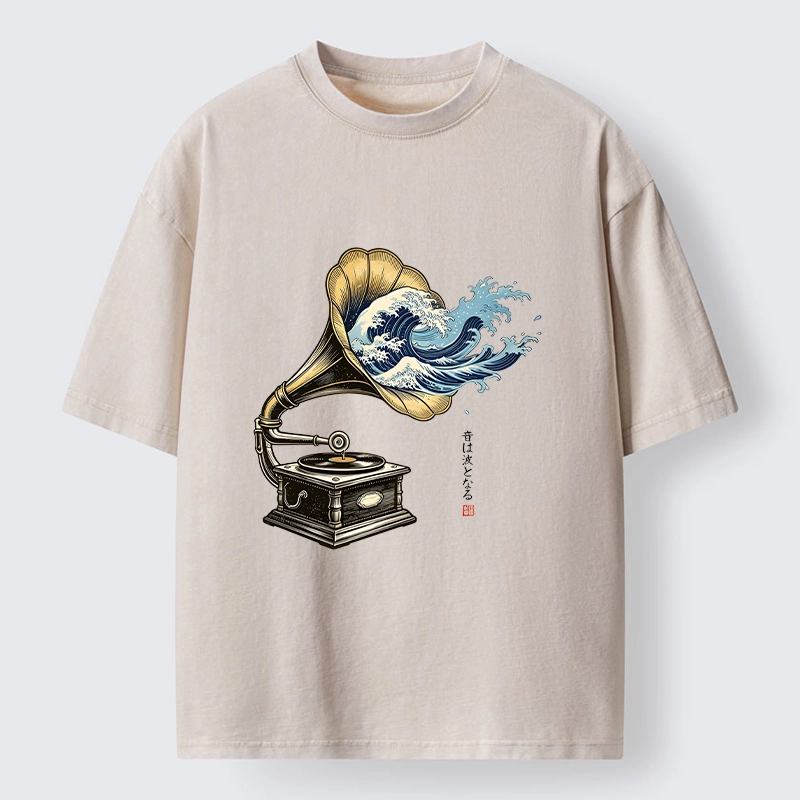 Tokyo‑Tiger Funny Wave Gramophone Washed T‑Shirt