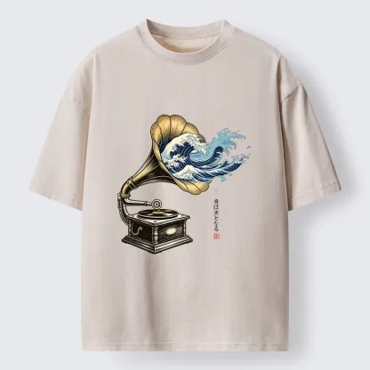 Tokyo‑Tiger Funny Wave Gramophone Washed T‑Shirt