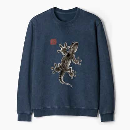 Tokyo-Tiger Minimal Asian Ink Brush Gecko Vibe Washed Terry Sweatshirt