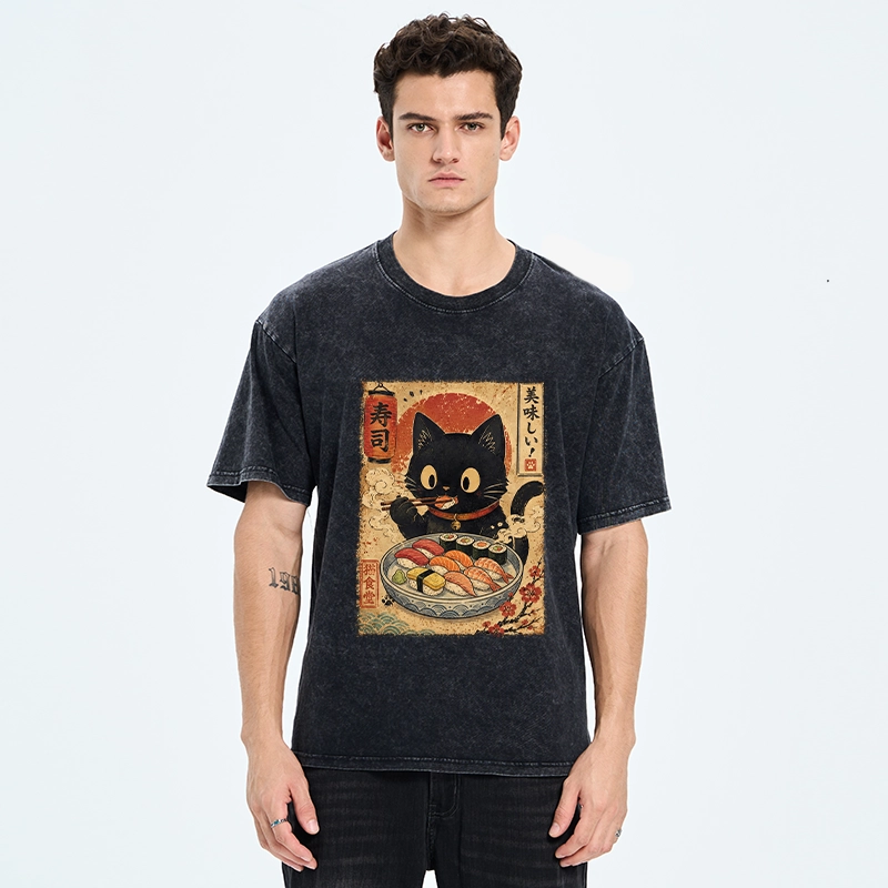 Tokyo‑Tiger Japanese Food Cat Washed T‑Shirt