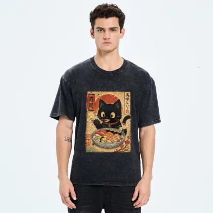 Tokyo‑Tiger Japanese Food Cat Washed T‑Shirt