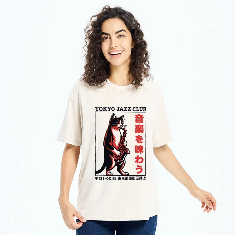 Tokyo-Tiger Retro Jazz Cat Poster Washed T-Shirt