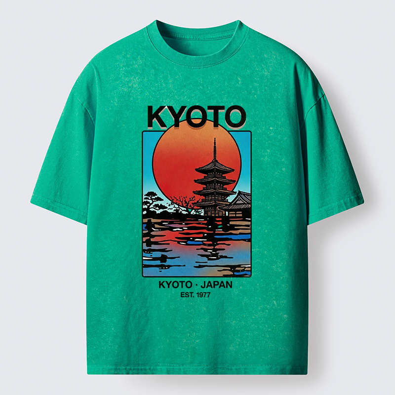 Tokyo-Tiger Japanese Temple Sunset Art Washed T-Shirt