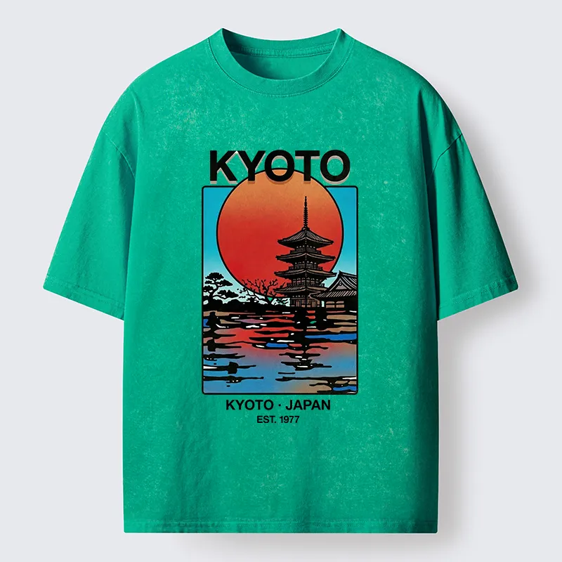 Tokyo-Tiger Japanese Temple Sunset Art Washed T-Shirt