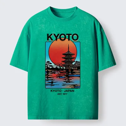 Tokyo-Tiger Japanese Temple Sunset Art Washed T-Shirt