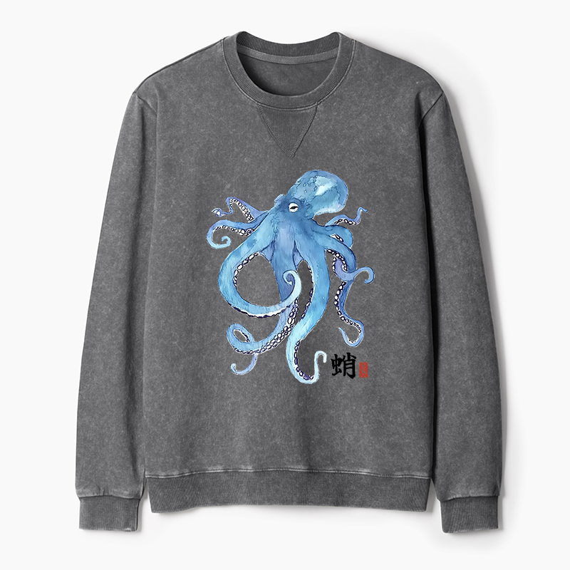 Tokyo-Tiger Watercolor Blue Octopus Washed Terry Sweatshirt