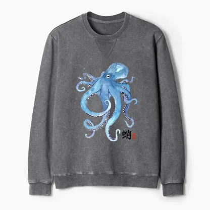 Tokyo-Tiger Watercolor Blue Octopus Washed Terry Sweatshirt