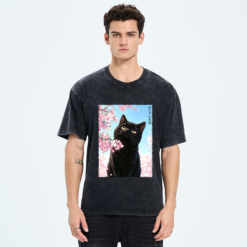 Tokyo-Tiger Japanese Sakura Black Cat Washed T-Shirt