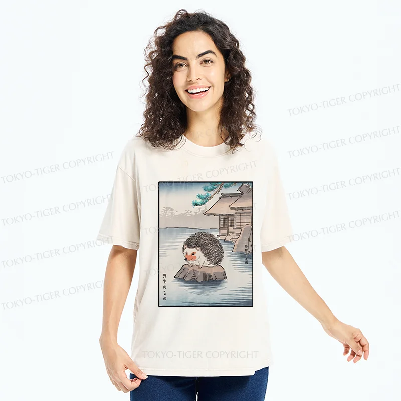 Tokyo-Tiger Hedgehog Taking A Hot Spring Bath Washed T-Shirt
