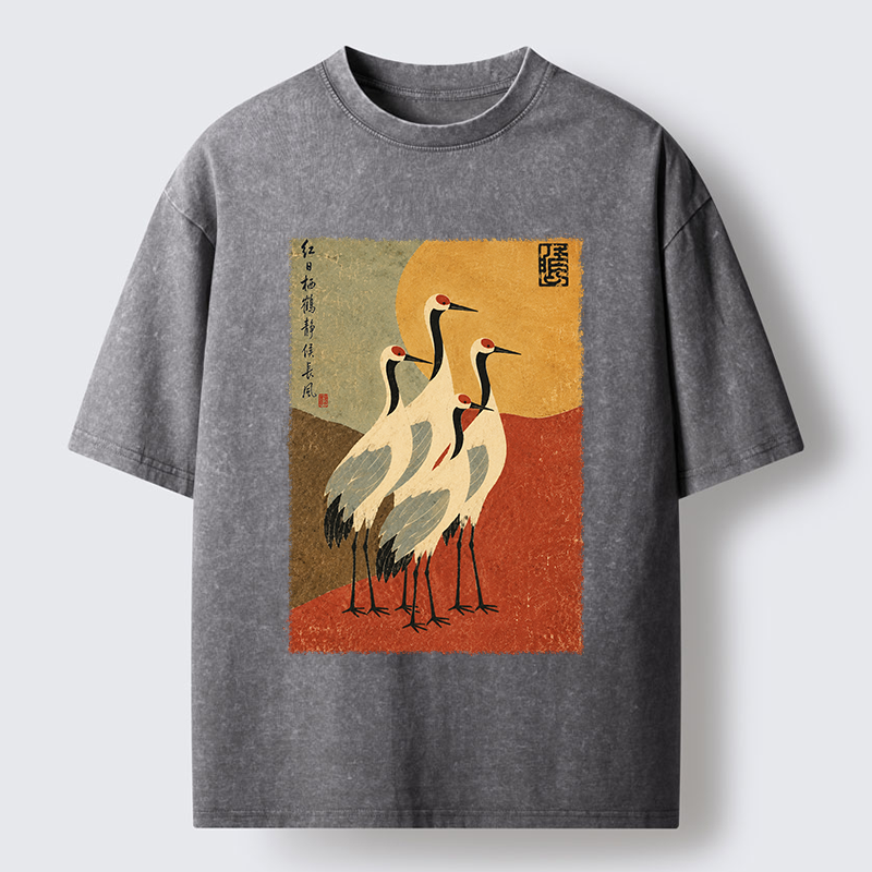 Tokyo-Tiger Oriental Crane Group Painting Washed T-Shirt