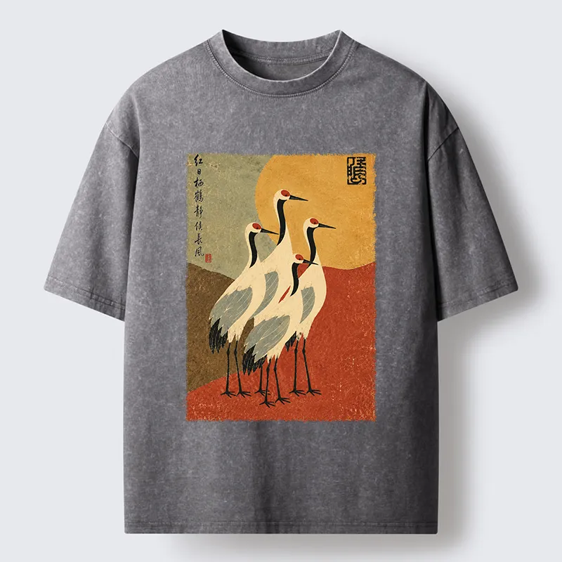 Tokyo-Tiger Oriental Crane Group Painting Washed T-Shirt