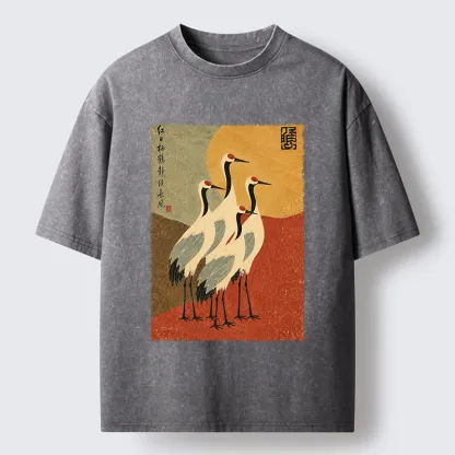 Tokyo-Tiger Oriental Crane Group Painting Washed T-Shirt