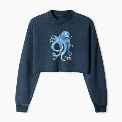 Tokyo-Tiger Watercolor Blue Octopus Washed Crop Sweatshirt