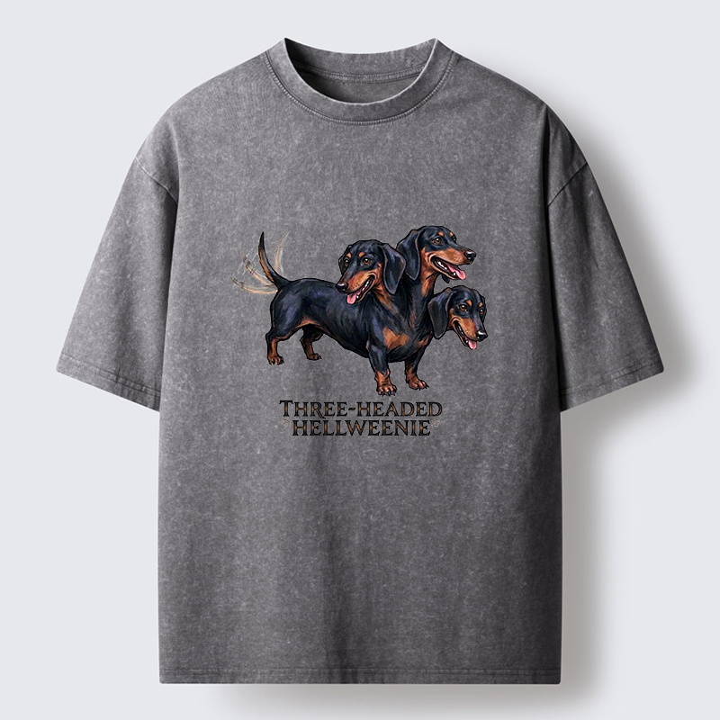 Tokyo-Tiger Three-headed Hellweenie Dachshund Dog Washed T-Shirt
