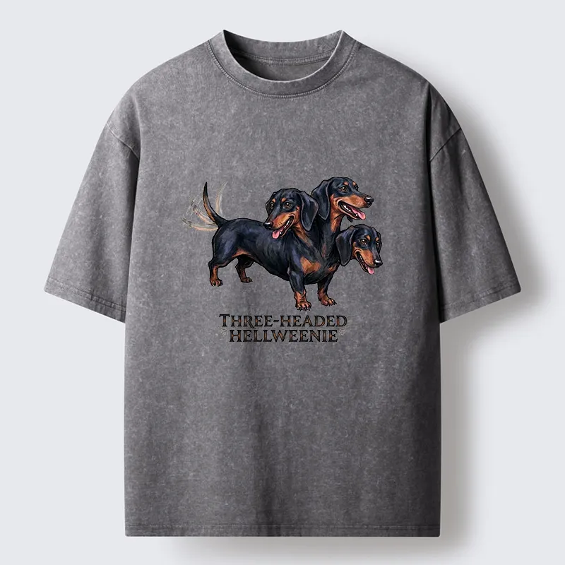 Tokyo-Tiger Three-headed Hellweenie Dachshund Dog Washed T-Shirt