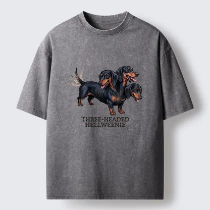 Tokyo-Tiger Three-headed Hellweenie Dachshund Dog Washed T-Shirt