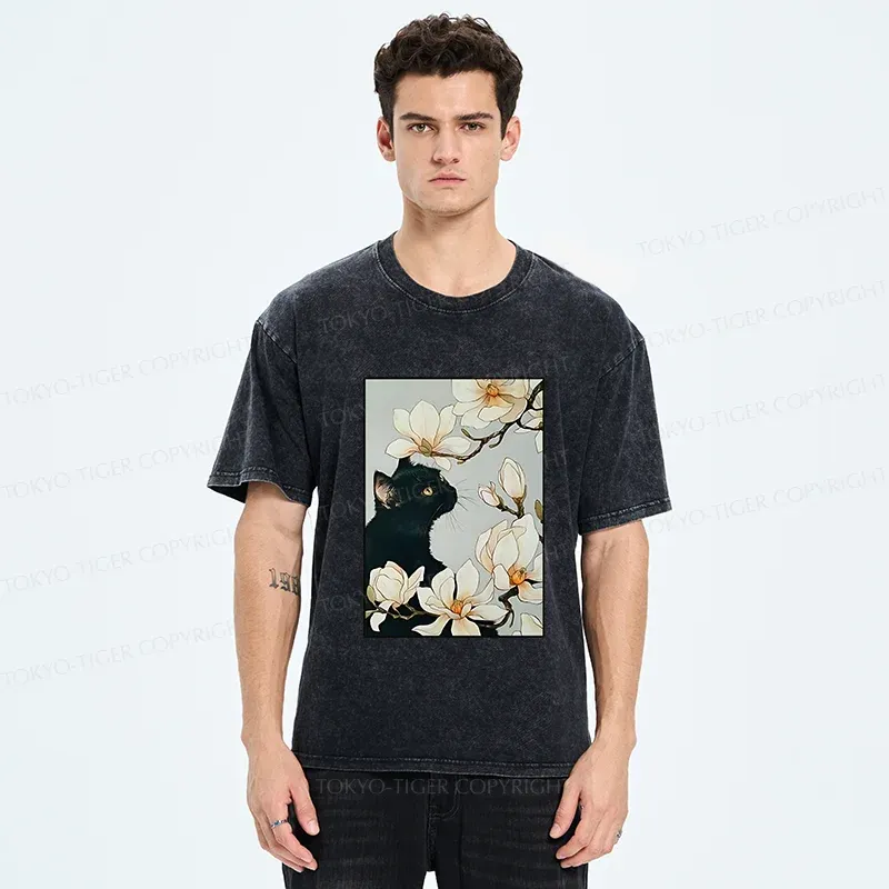 Tokyo-Tiger Cat Under Magnolia Blossoms Washed T-Shirt