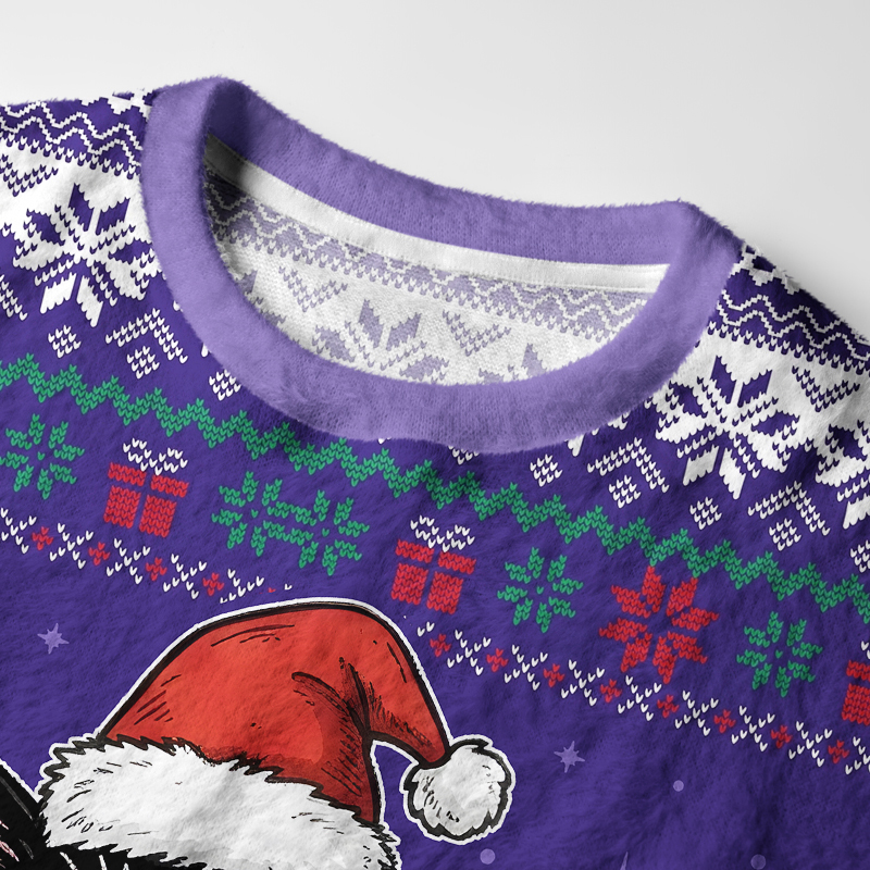 Tokyo-Tiger Santa Black Cat Fuzzy Christmas Ugly Sweatshirt