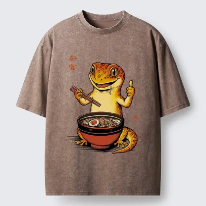 Tokyo-Tiger Japanese Gecko Eating Ramen Washed T-Shirt