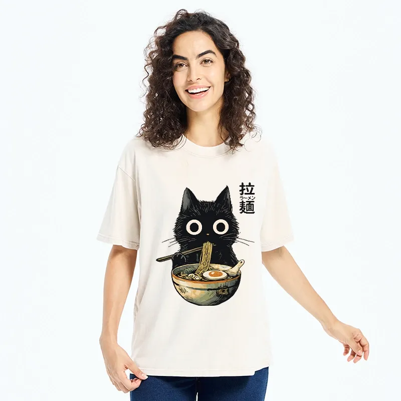Tokyo-Tiger Funny Cat Ramen Feast Washed T-Shirt