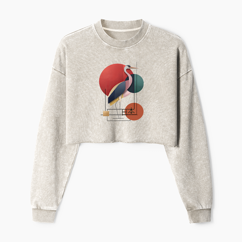 Tokyo-Tiger Geometric Crane Art Washed Crop Sweatshirt