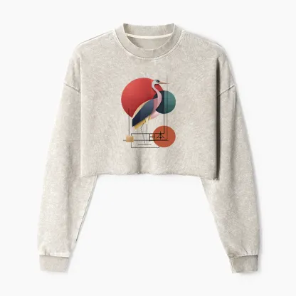 Tokyo-Tiger Geometric Crane Art Washed Crop Sweatshirt