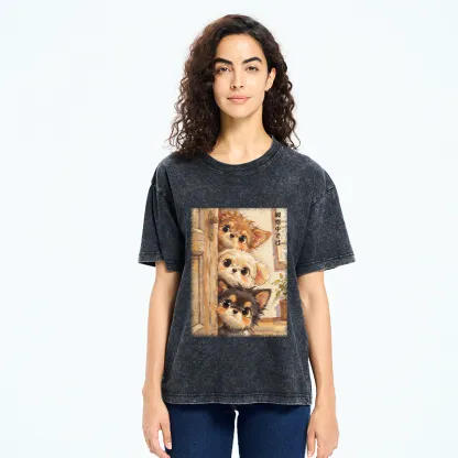 Tokyo-Tiger Puppies Are Peeking At You Washed T-Shirt