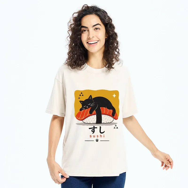 Tokyo-Tiger Black Cat Napping On Salmon Sushi Washed T-Shirt