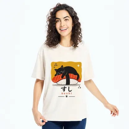 Tokyo-Tiger Black Cat Napping On Salmon Sushi Washed T-Shirt