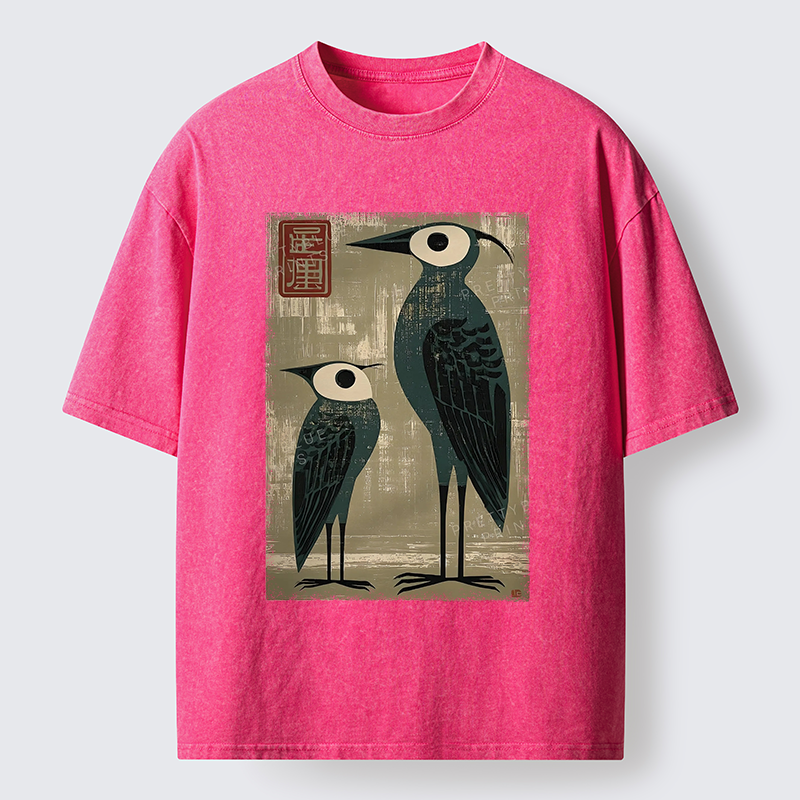 Tokyo-Tiger Retro Two Birds Art Washed T-Shirt