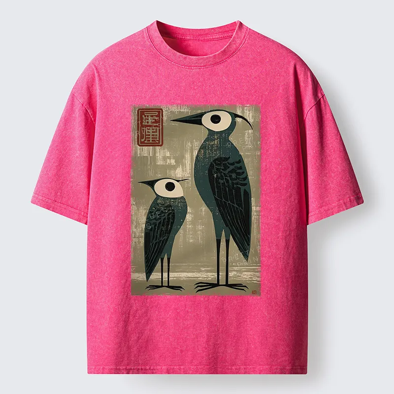 Tokyo-Tiger Retro Two Birds Art Washed T-Shirt