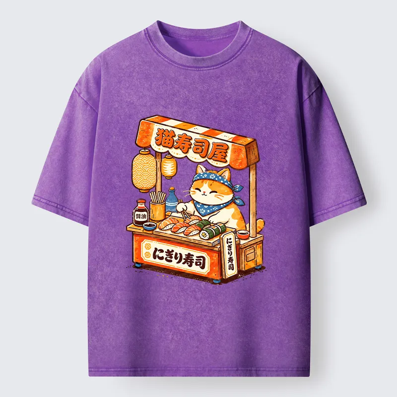 Tokyo-Tiger Cute Cat Running A Sushi Stall Washed T-Shirt