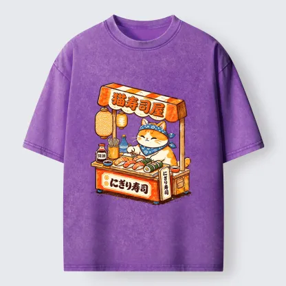 Tokyo-Tiger Cute Cat Running A Sushi Stall Washed T-Shirt