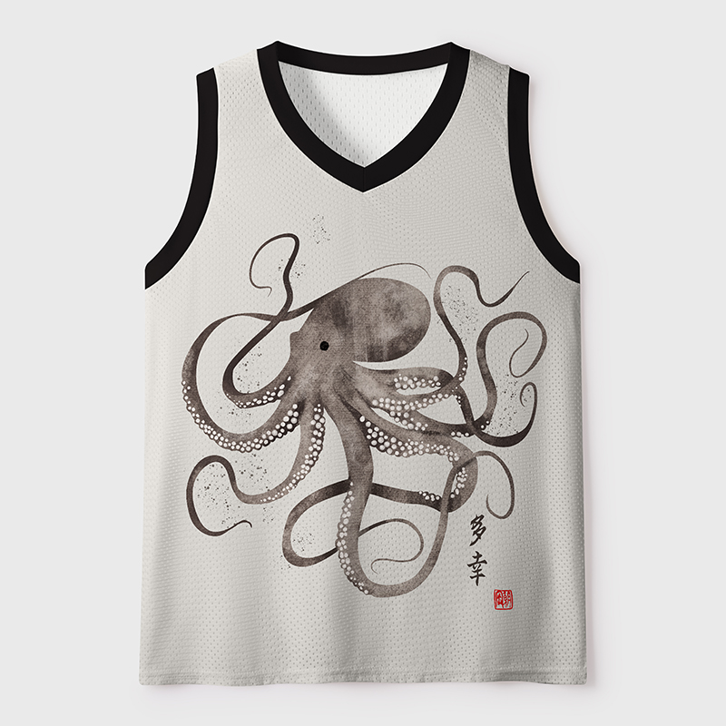Tokyo-Tiger Octopus Japanese Calligraphy Mesh Tank Top