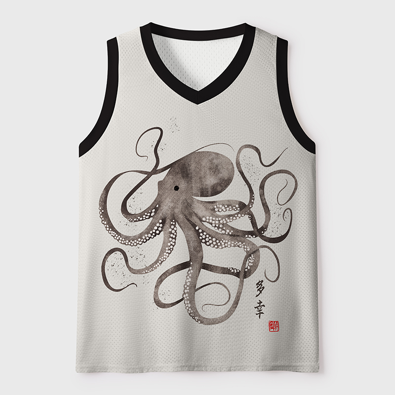 Tokyo-Tiger Octopus Japanese Calligraphy Mesh Tank Top